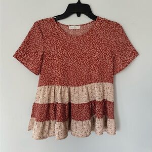 Paper Crane anthropology Womens Tiered Floral Top Red boho Blouse XS